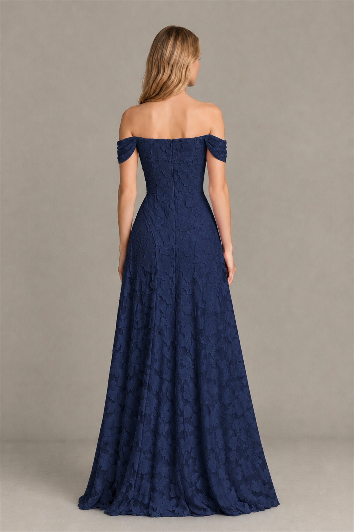 BOLODOO Navy Blue Off-Shoulder Pleated A-Line Maxi Dress Floral - Navy Blue