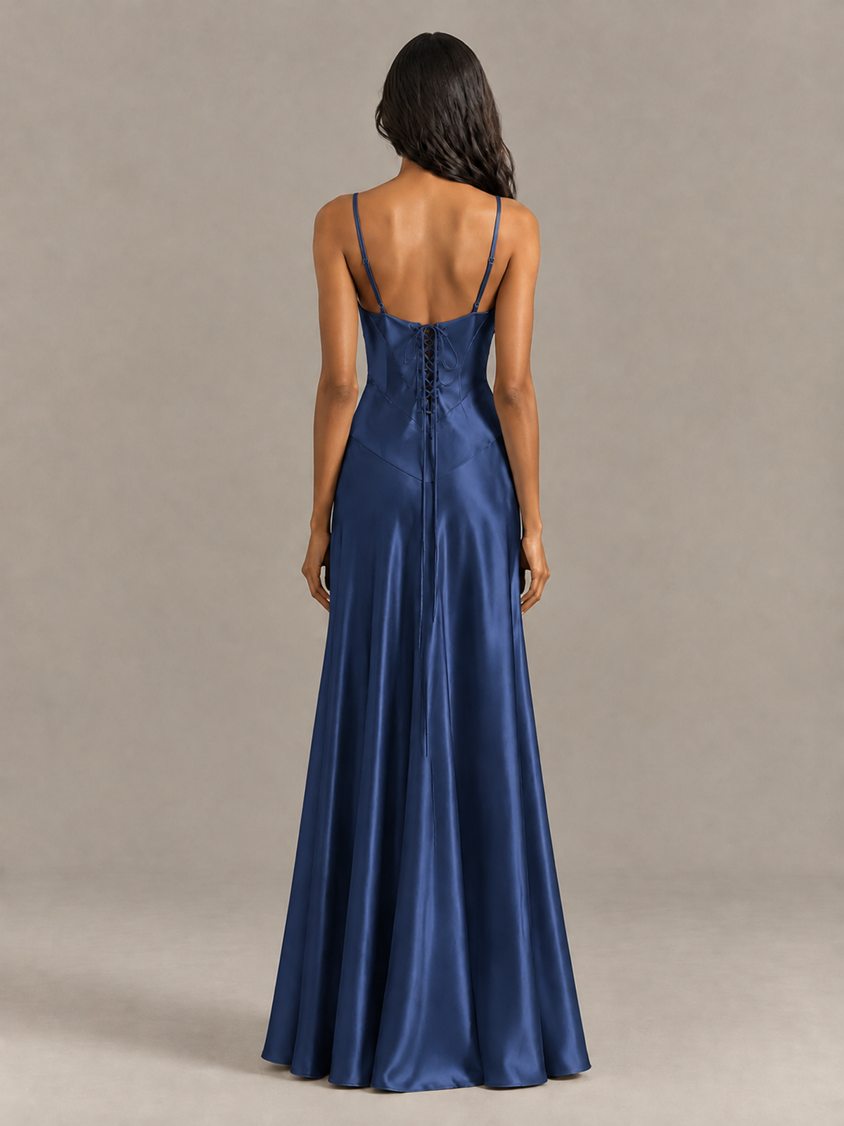 BOLODOO Navy Blue Satin Lace-Up Back Maxi Dress - Navy Blue