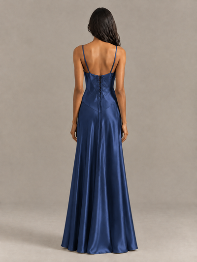 BOLODOO Navy Blue Satin Lace-Up Back Maxi Dress - Navy Blue