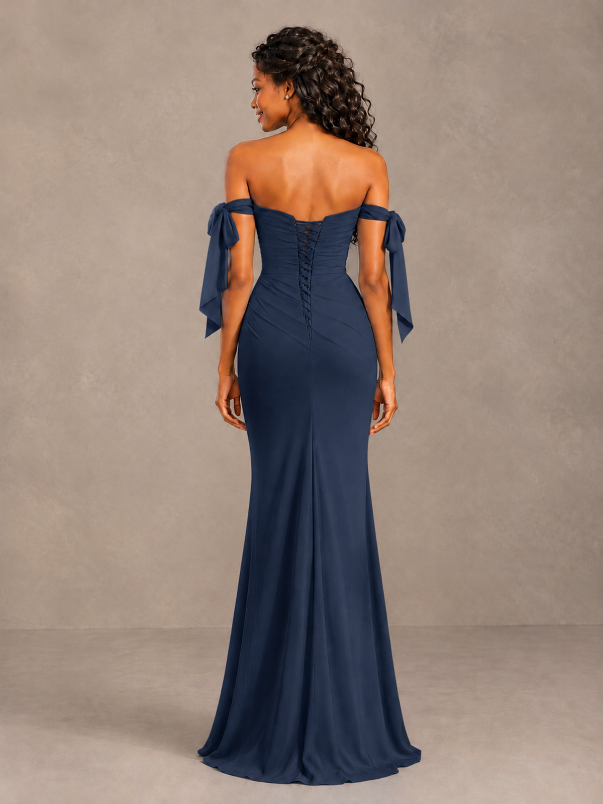 Navy Blue Off-Shoulder Bow Bridesmaid Dress with Slit - Navy Blue - Navy Blue (2)