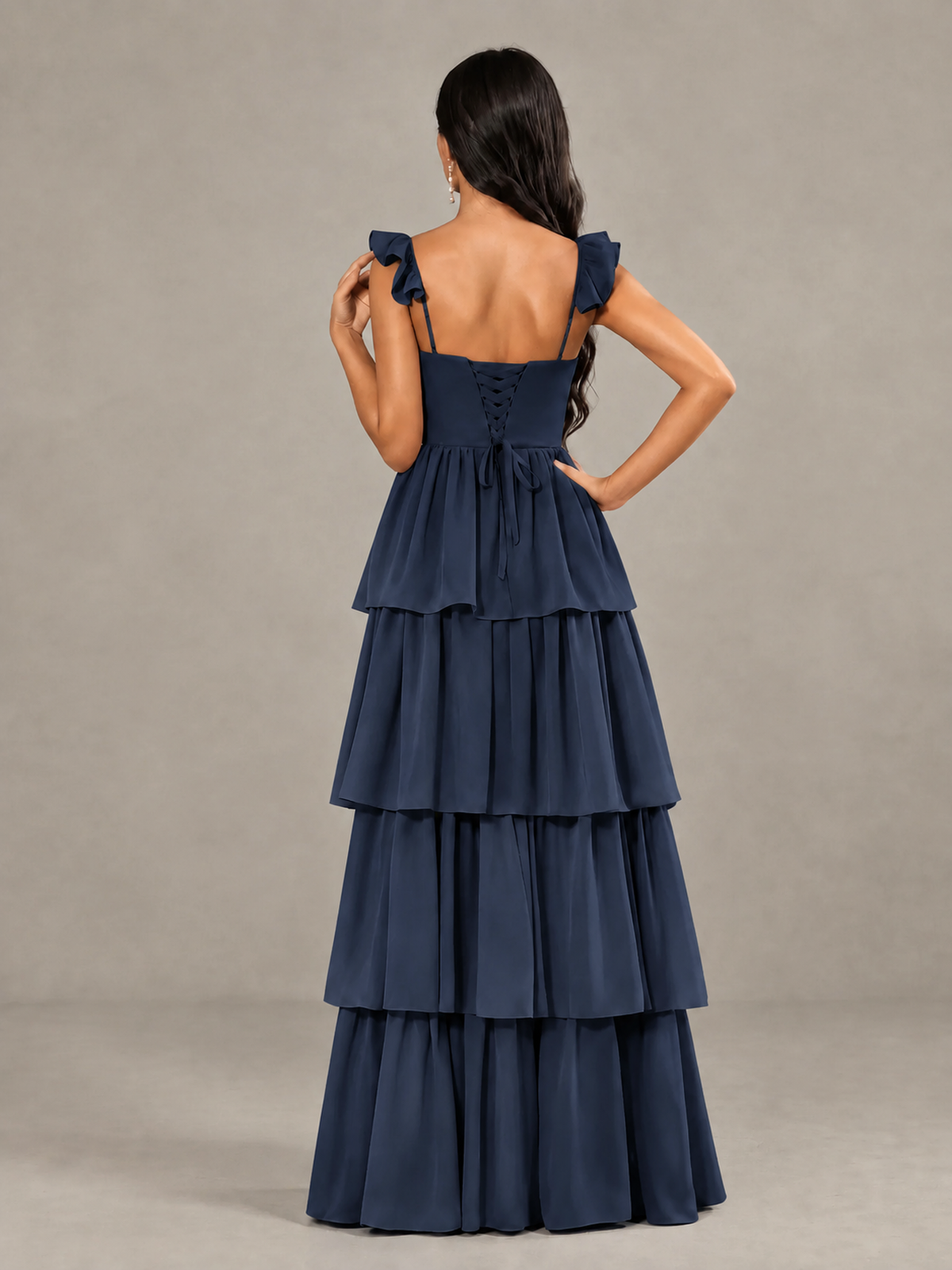 BOLODOO Navy Blue Tiered Maxi Bridesmaid Dress with Slit - Navy Blue