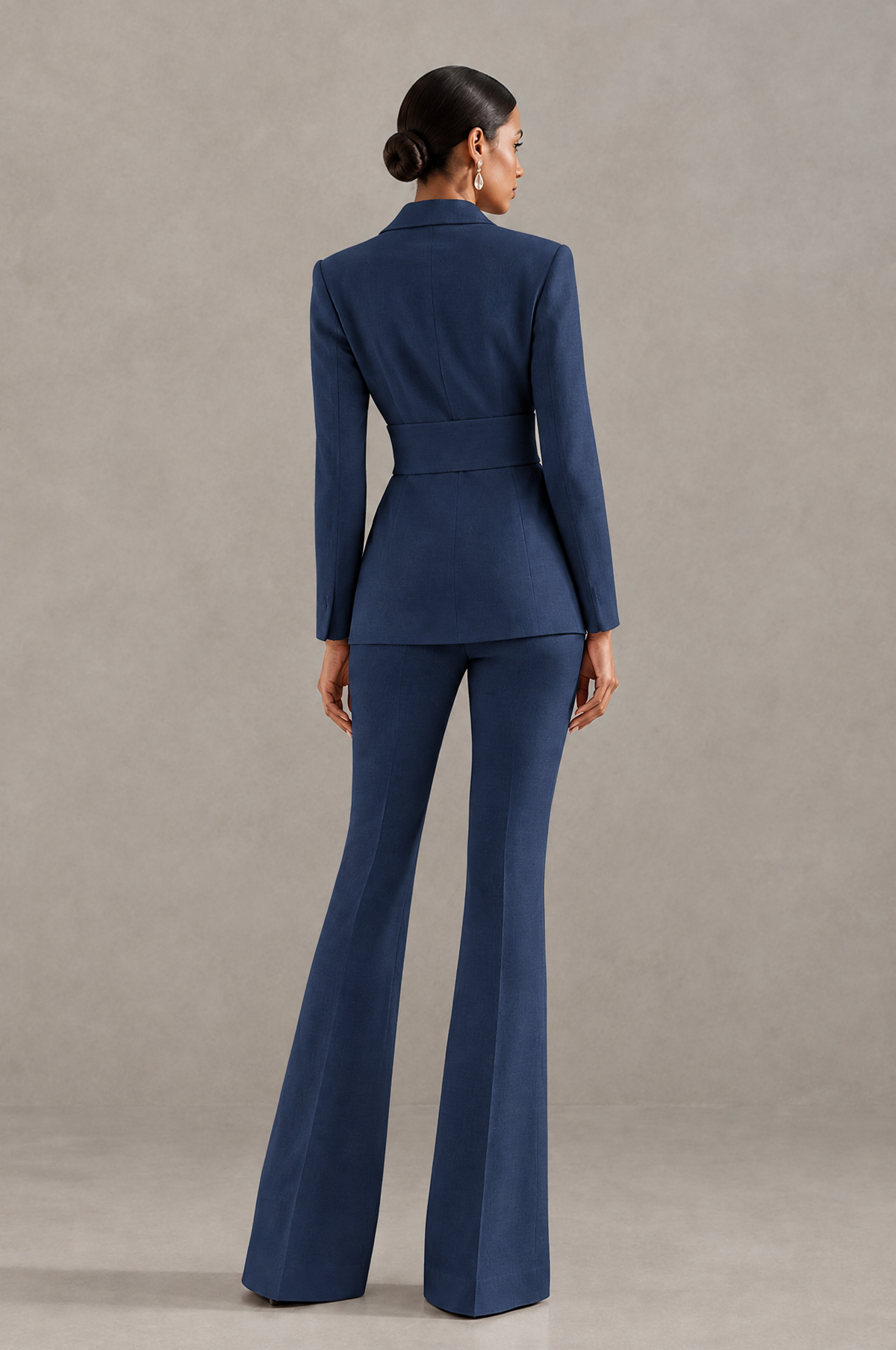 BOLODOO Navy Blue Two-Piece Pantsuit with Tailored Blazer & Flared Pants - Navy Blue - Navy Blue (2)