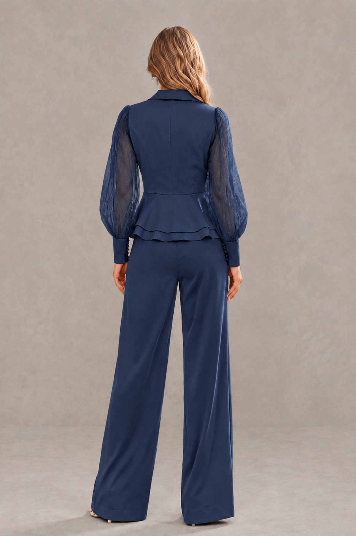 BOLODOO Mint Navy Blue Peplum Blazer Wide-Leg Pantsuit with Sheer Puff Sleeves - Navy Blue