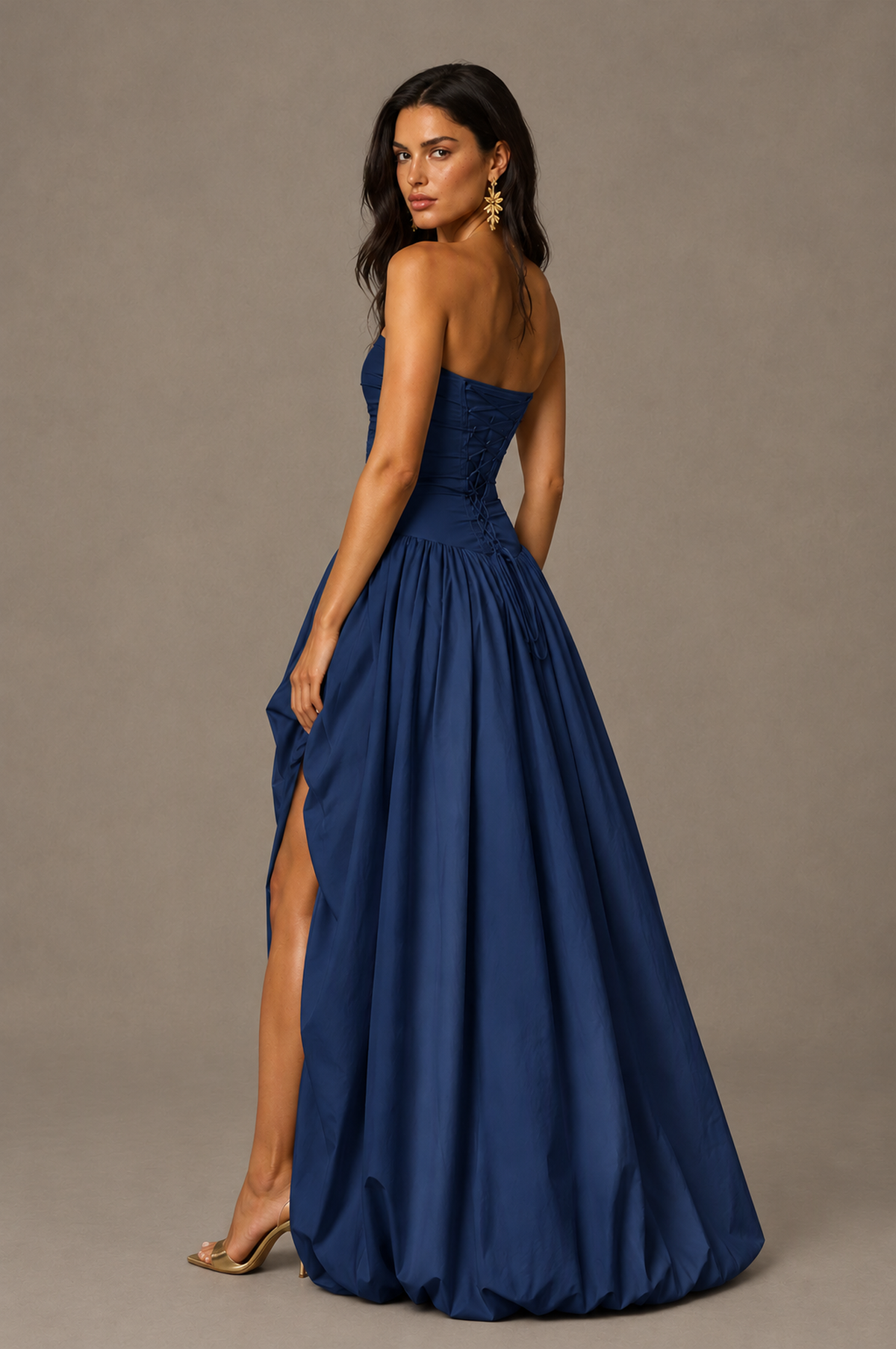BOLODOO Navy Blue Strapless Ruched Corset Lace-Up Back Bubble Skirt High Slit Taffeta Maxi Dress - Navy Blue