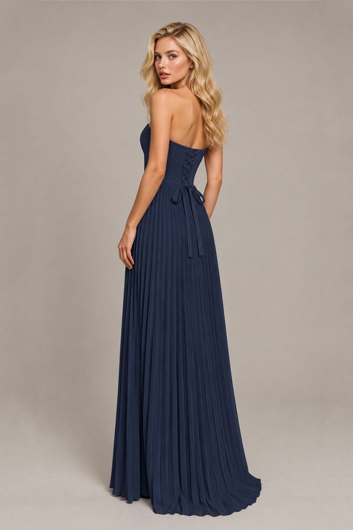 BOLODOO Navy Blue Strapless Sunburst Pleated Twisted Knot Lace-Up Back Accordion Pleated Chiffon Maxi Dress - Navy Blue