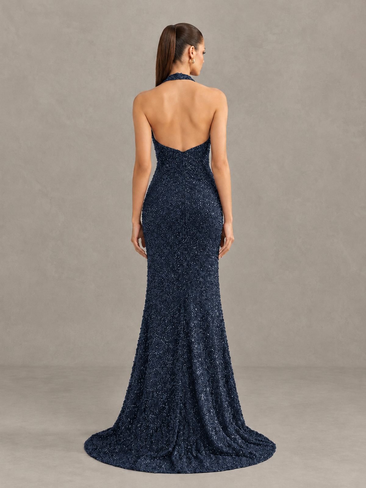 BOLODOO Navy Blue Sequin Halter Open Back Evening Gown with High Slit - Navy Blue - Navy Blue (2)