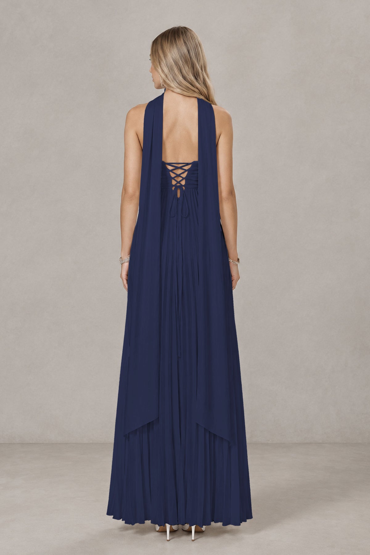 BOLODOO Navy Blue Strapless Chiffon-Look Maxi Dress with Lace-Up Back & Cape - Navy Blue