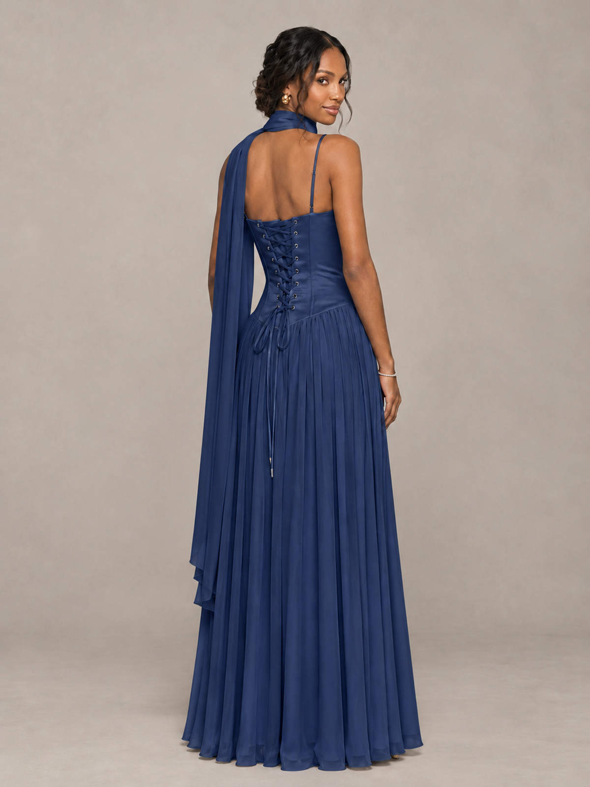 BOLODOO Navy Blue Corset Bridesmaid Dress with Scarf - Navy Blue - Navy Blue (2)