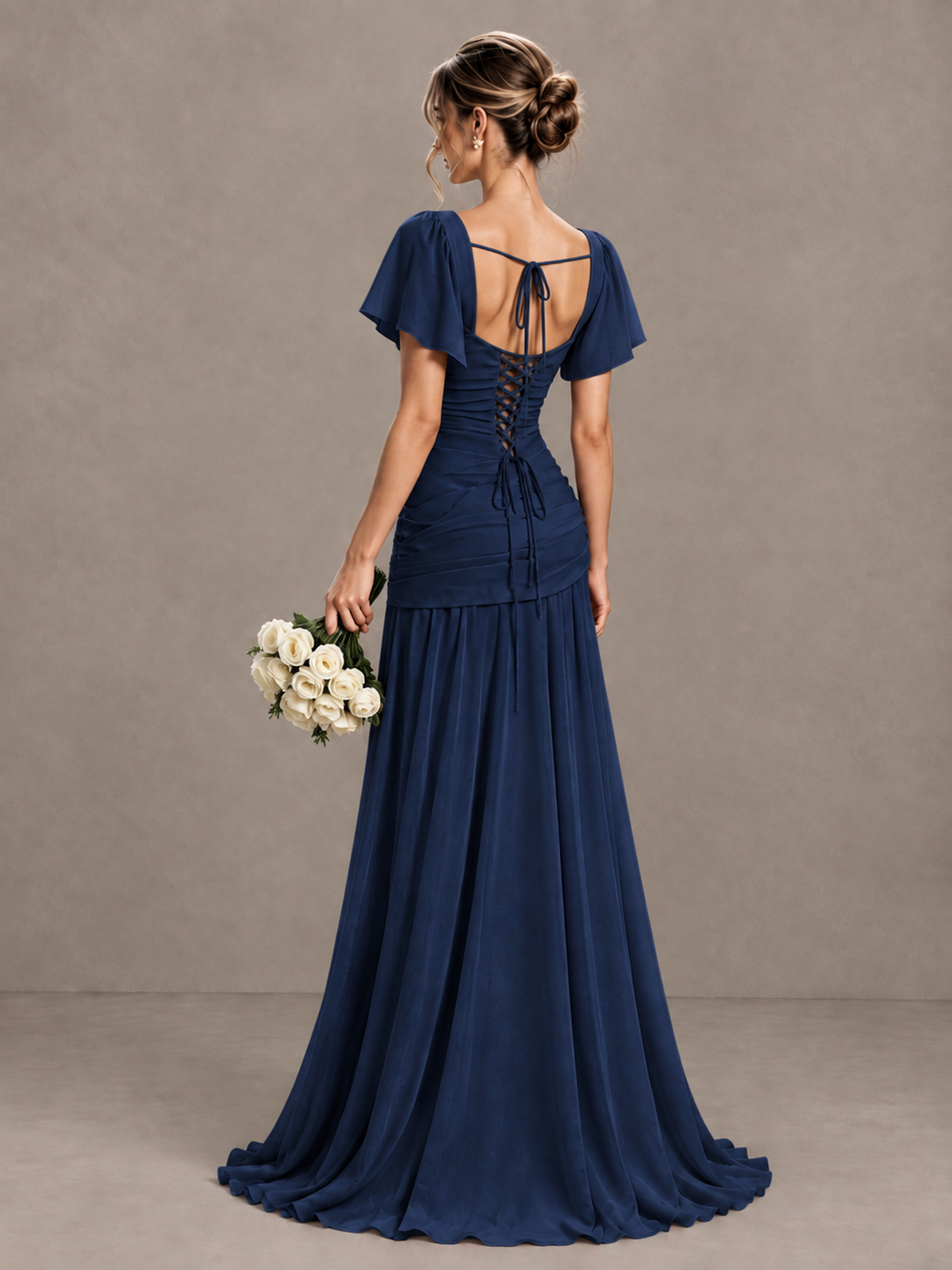 BOLODOO Navy Blue Flutter Sleeve Lace-Up Back Maxi Dress - Navy Blue