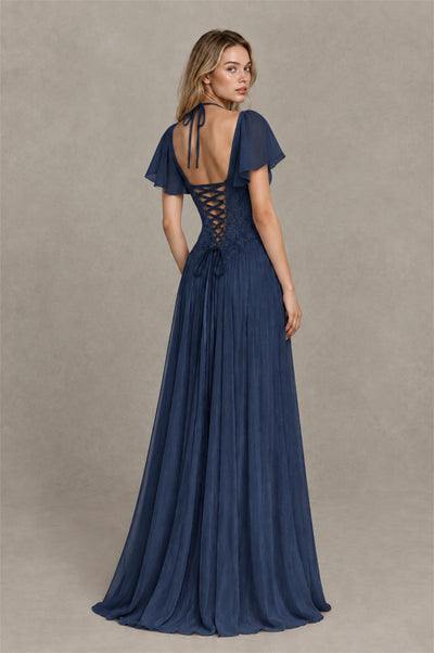 BOLODOO Navy Blue Flutter Sleeve Lace Corset A-Line Maxi Dress - Navy Blue - Navy Blue (2)