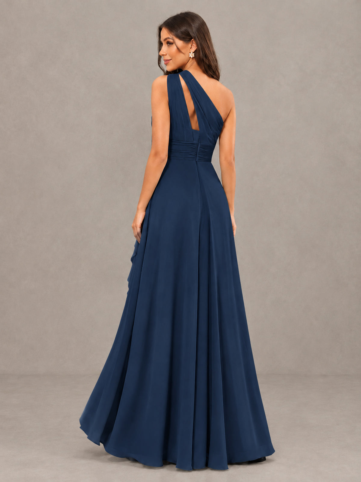 BOLODOO Navy Blue One-Shoulder Ruffle Bridesmaid Dress with Slit - Navy Blue - Navy Blue (2)