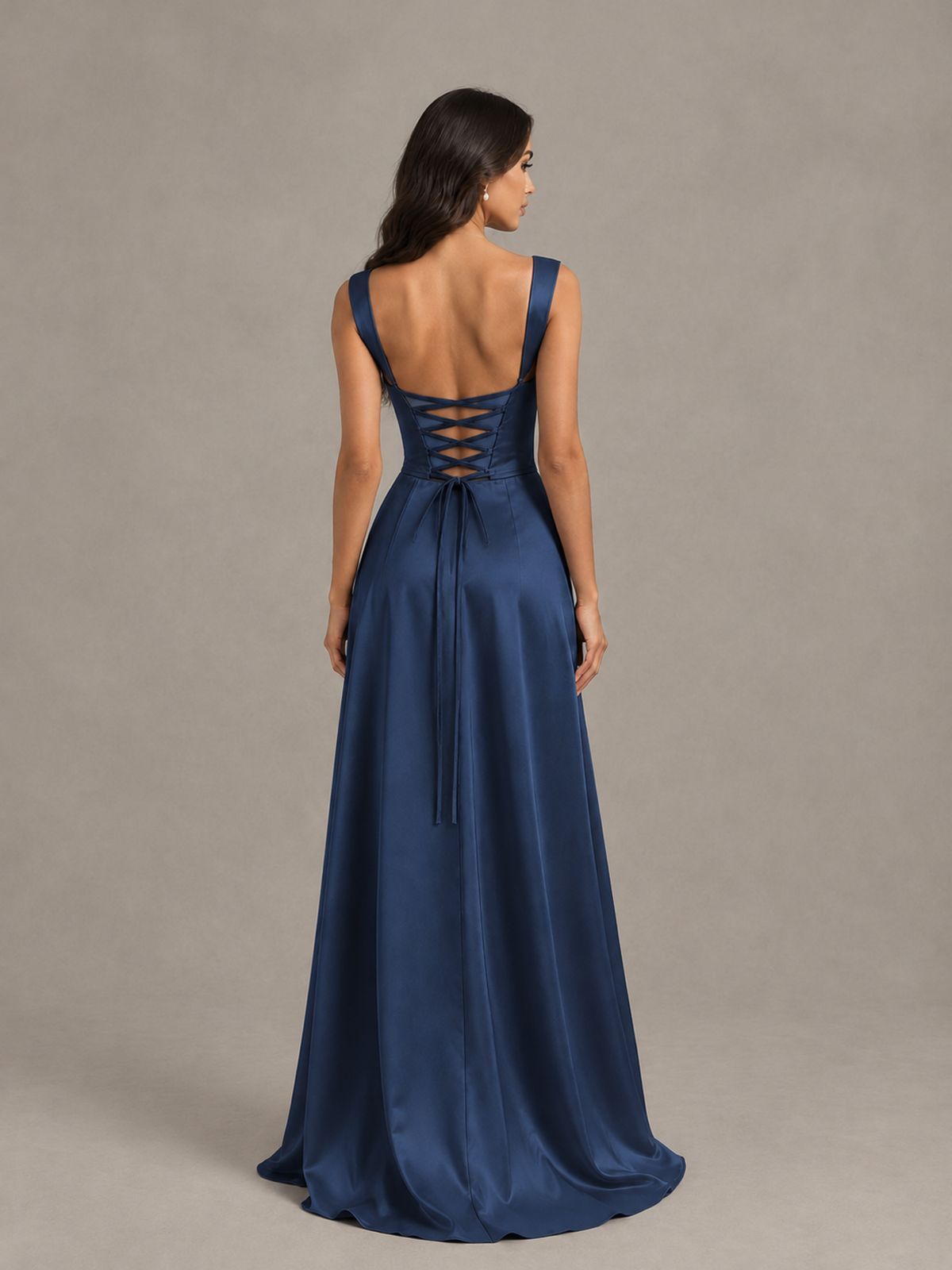 BOLODOO Navy Blue Satin Lace-Up Bridesmaid Dress with Slit - Navy Blue - Navy Blue (2)