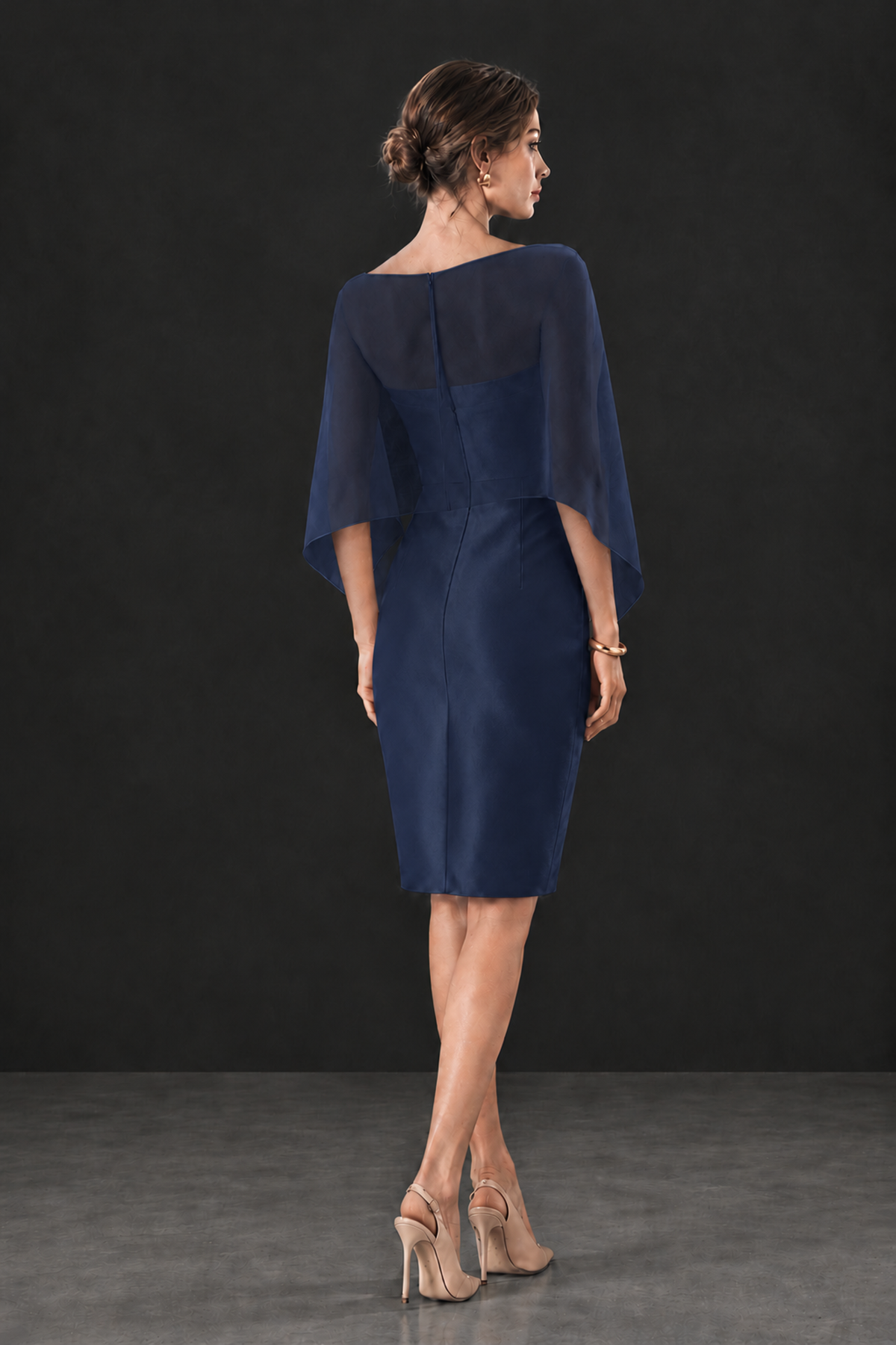 BOLODOO Navy Blue Cape Knee-Length Mother of the Bride Dress - Navy Blue - Navy Blue (2)