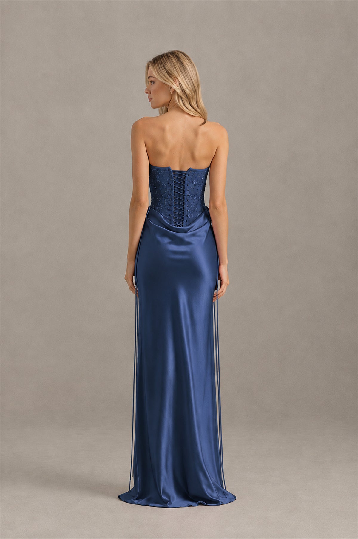 BOLODOO Navy Blue Strapless Embellished Corset Satin-Look Maxi Dress - Navy Blue