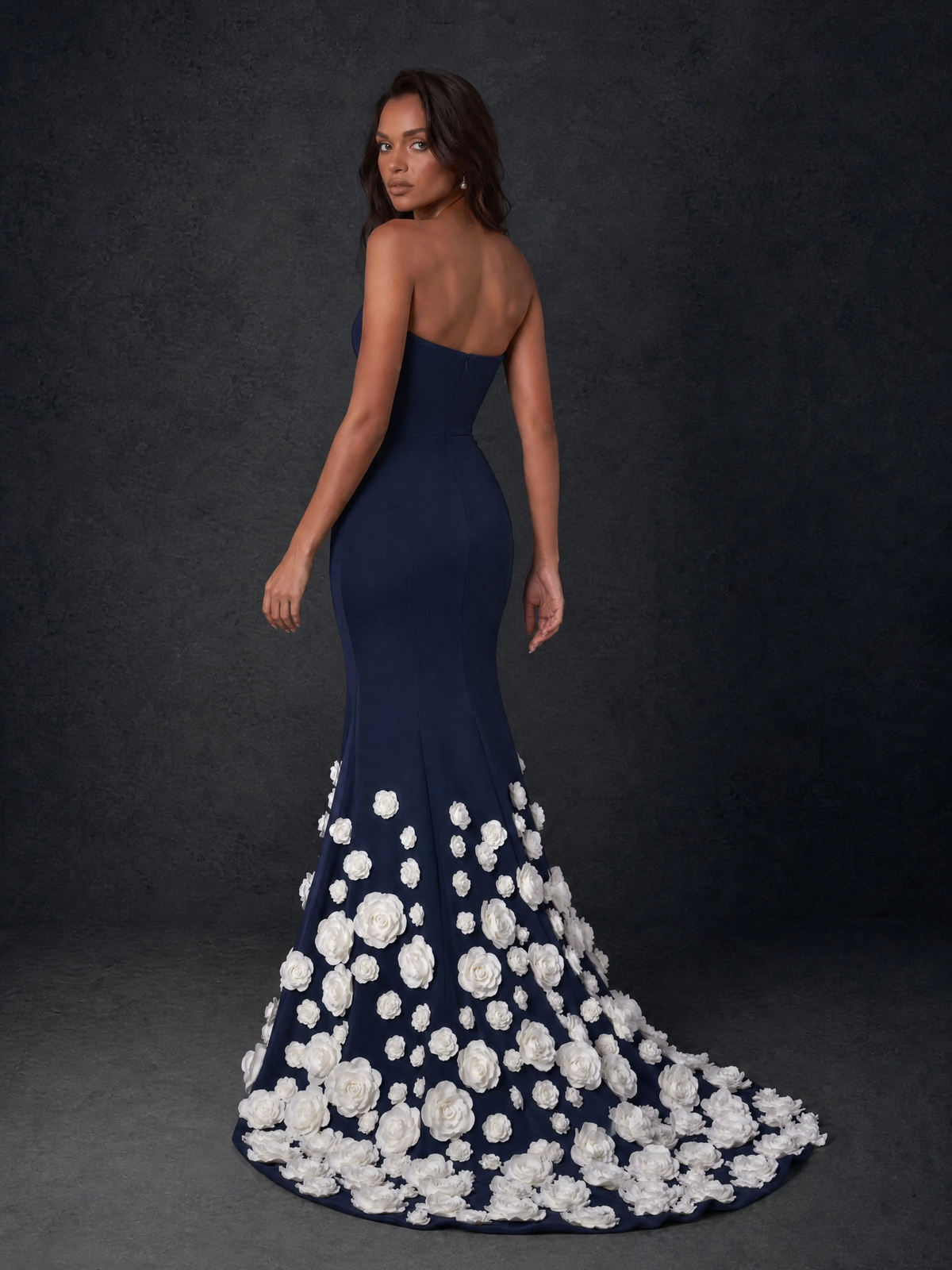 BOLODOO Navy Blue Sweetheart Strapless Crepe Mermaid Gown with Navy Blue 3D Rose Floral Appliqué Skirt and Open Back - Navy Blue