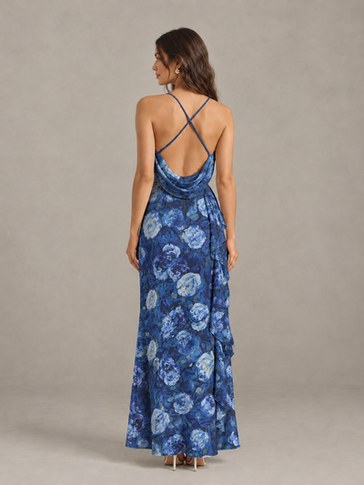Navy Blue Floral Bridesmaid Dress with Crisscross Open Back - Navy Blue - Navy Blue (2)