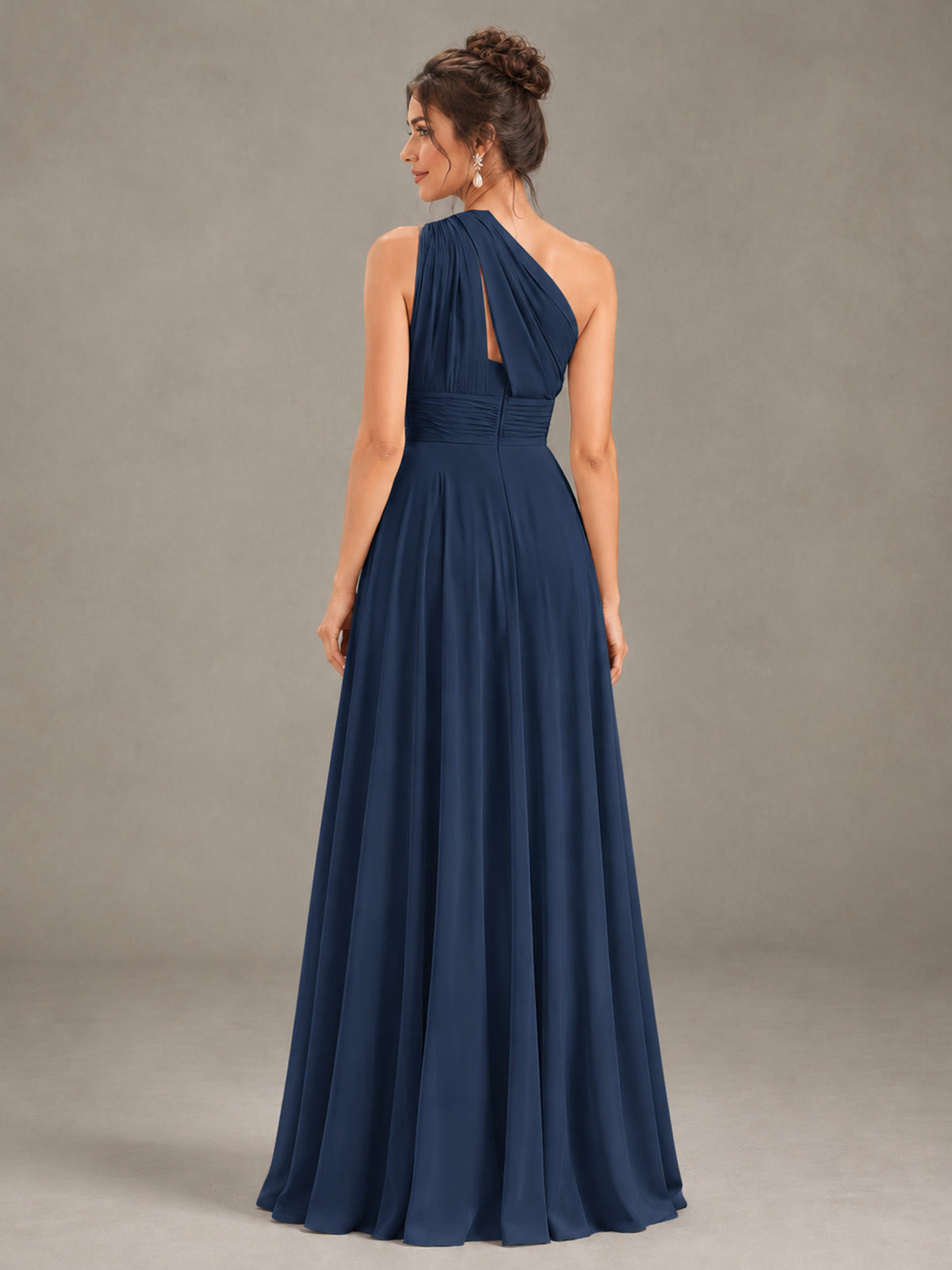 BOLODOO Navy Blue One-Shoulder Chiffon-Look Bridesmaid Dress - Navy Blue - Navy Blue (2)