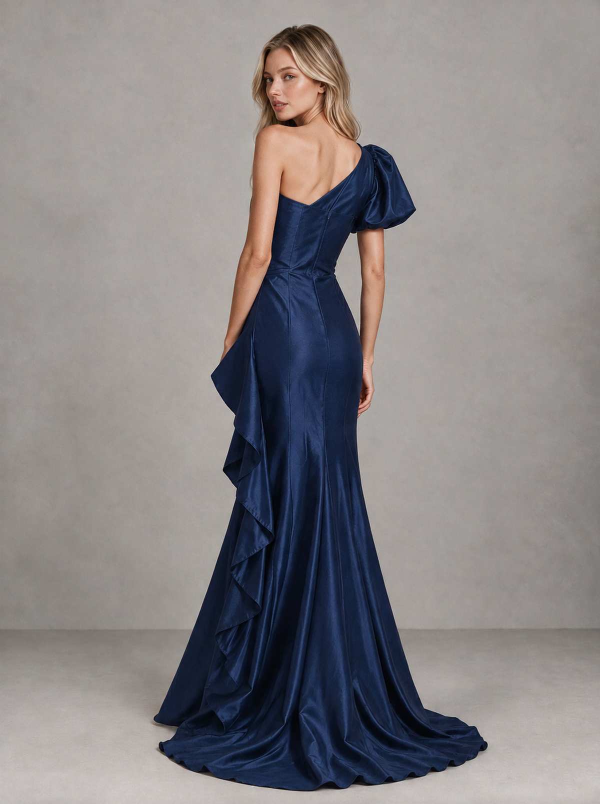 BOLODOO Navy Blue One-Shoulder Satin-Look Mermaid Evening Dress with Ruffles - Navy Blue - Navy Blue (2)