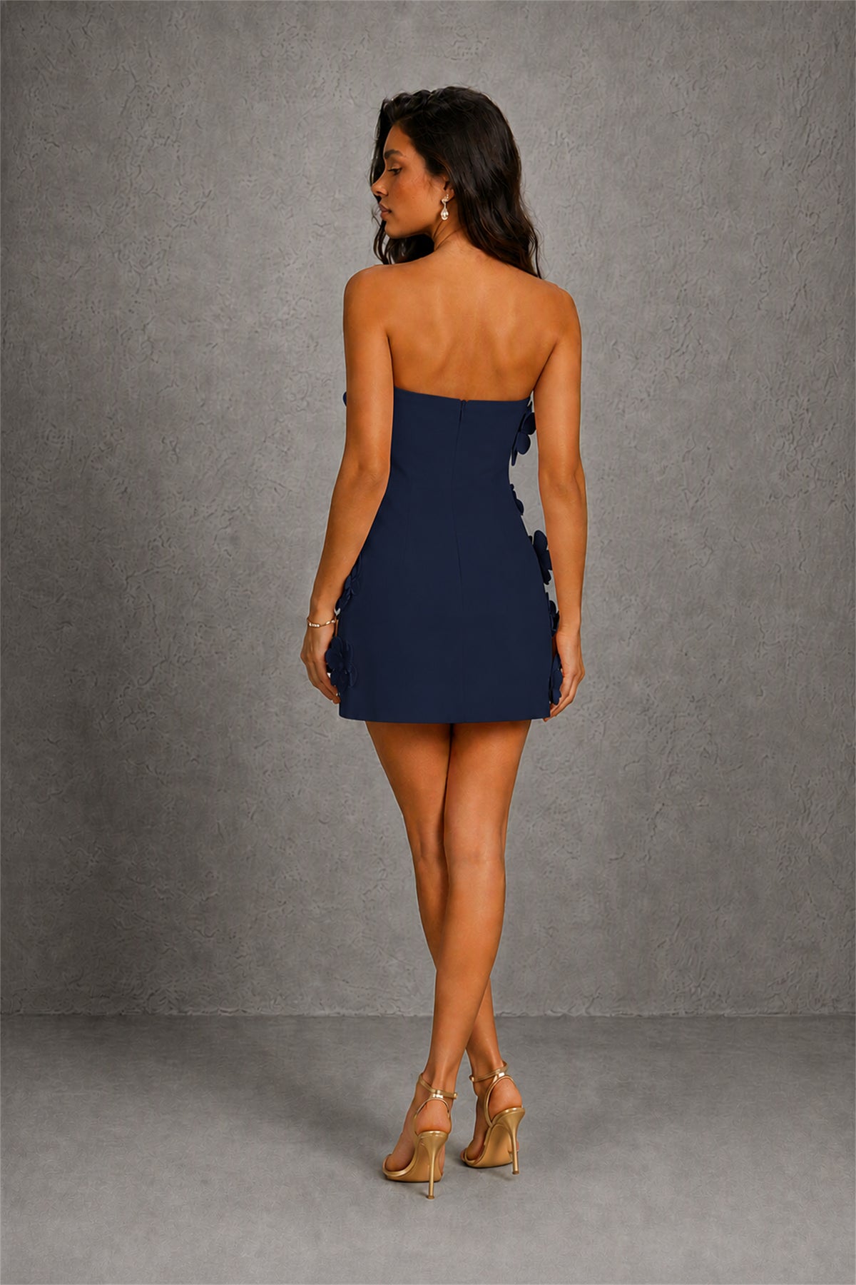 BOLODOO Navy Blue Strapless 3D Tonal Floral Appliqué Mini Dress – Sleeveless Open Back Bodycon Cocktail Dress - Navy Blue