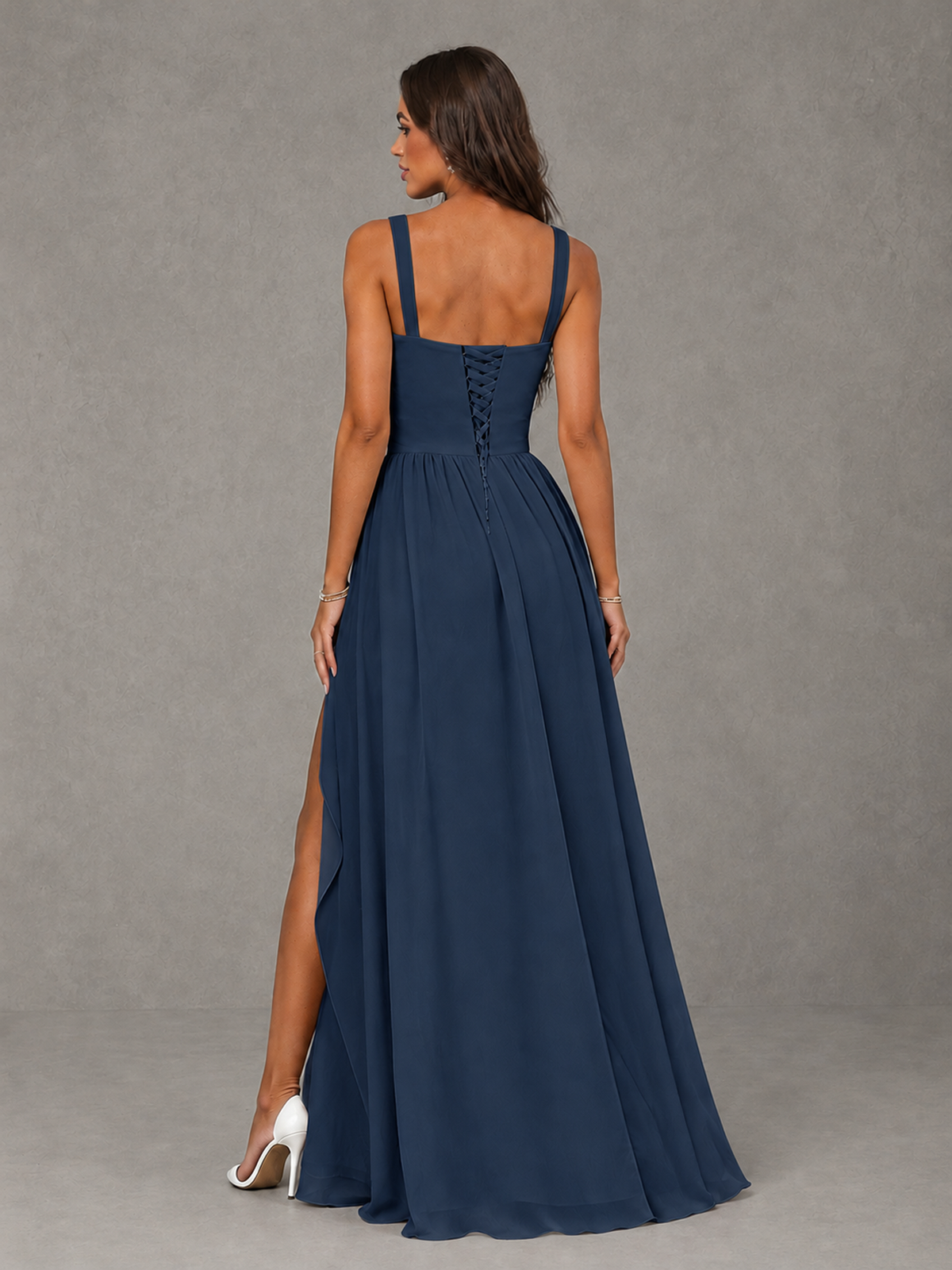 BOLODOO Navy Blue A-Line Bridesmaid Dress with High Slit & Lace-Up Back - Navy Blue - Navy Blue (2)