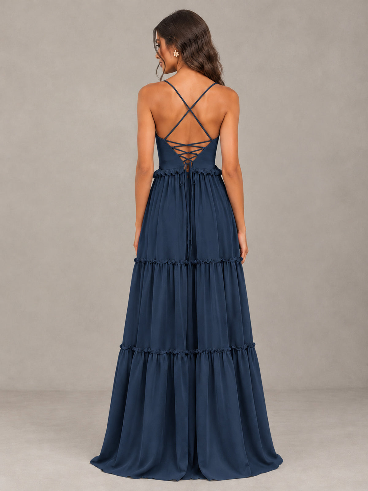 BOLODOO Navy Blue Tiered V-Neck Lace-Up Back Bridesmaid Dress - Navy Blue - Navy Blue (2)