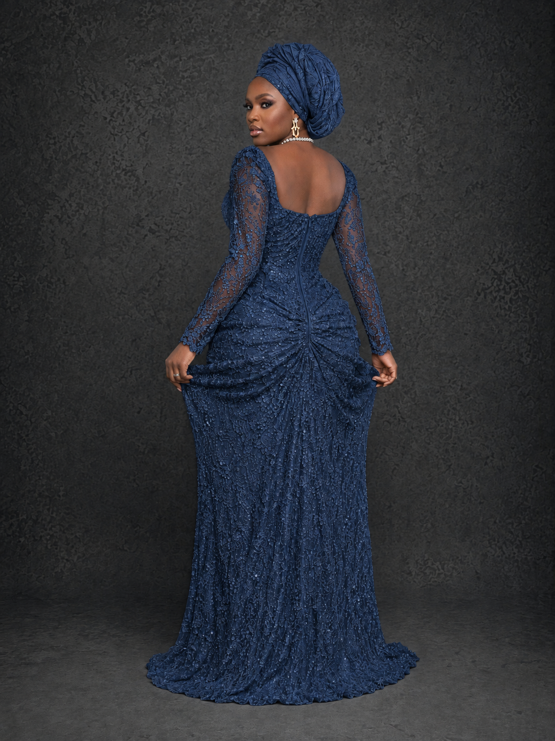 BOLODOO Navy Blue Beaded Lace Long Sleeve Mermaid Gown Sweetheart | Mother of the Bride - Navy Blue