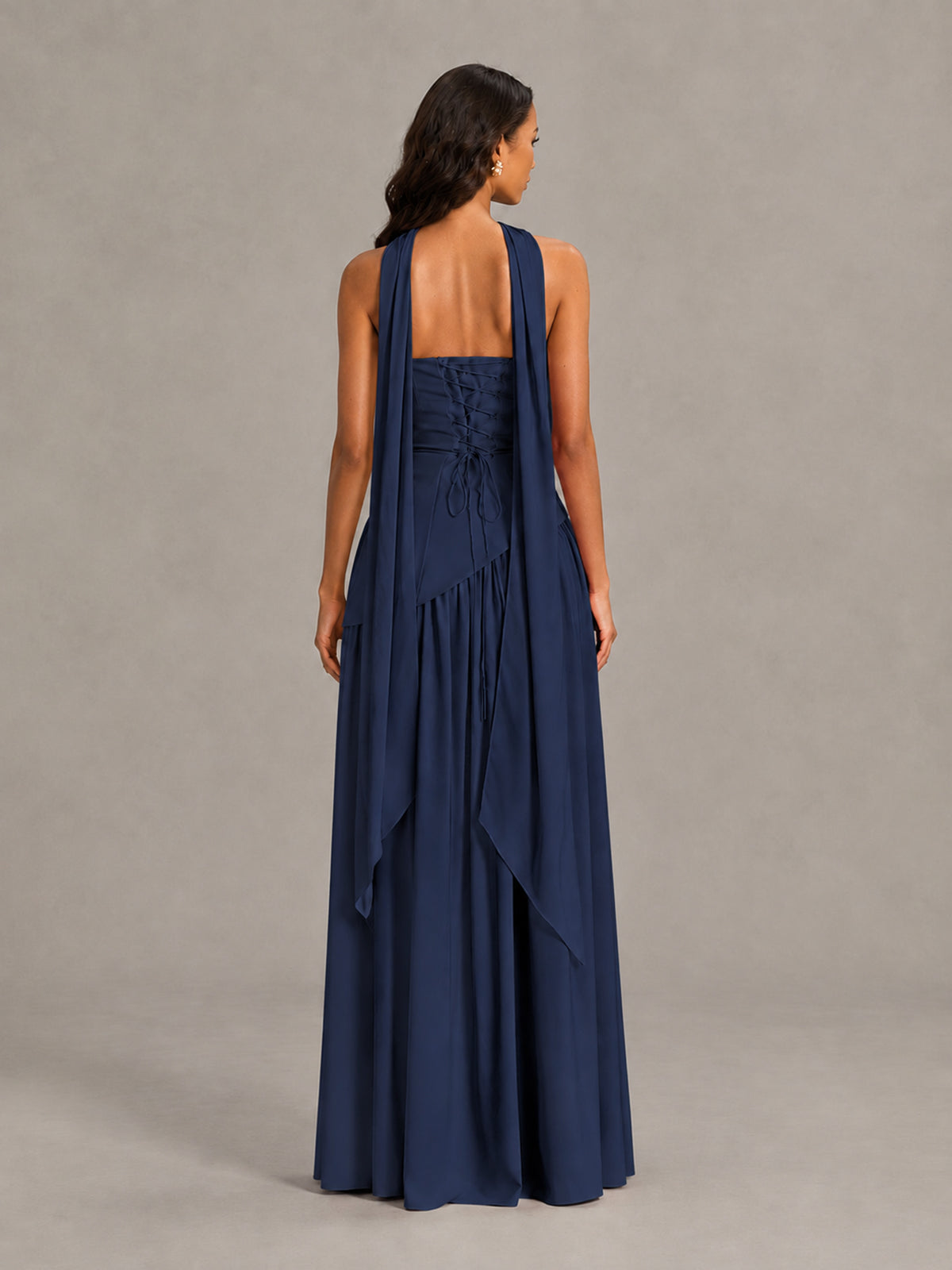 Navy Blue Strapless Bridesmaid Dress with Scarf & High Slit - Navy Blue - Navy Blue (2)