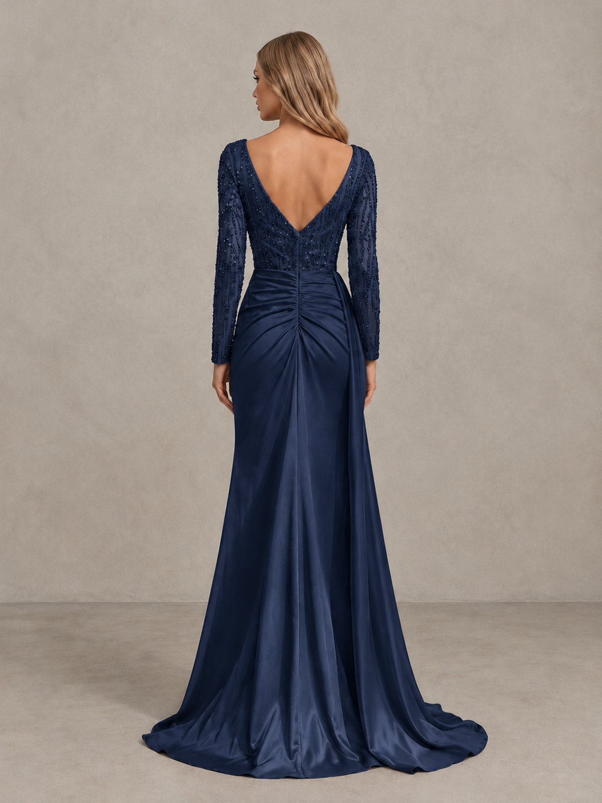 BOLODOO Navy Blue Long Sleeve Lace Evening Dress with High Slit - Navy Blue - Navy Blue (2)