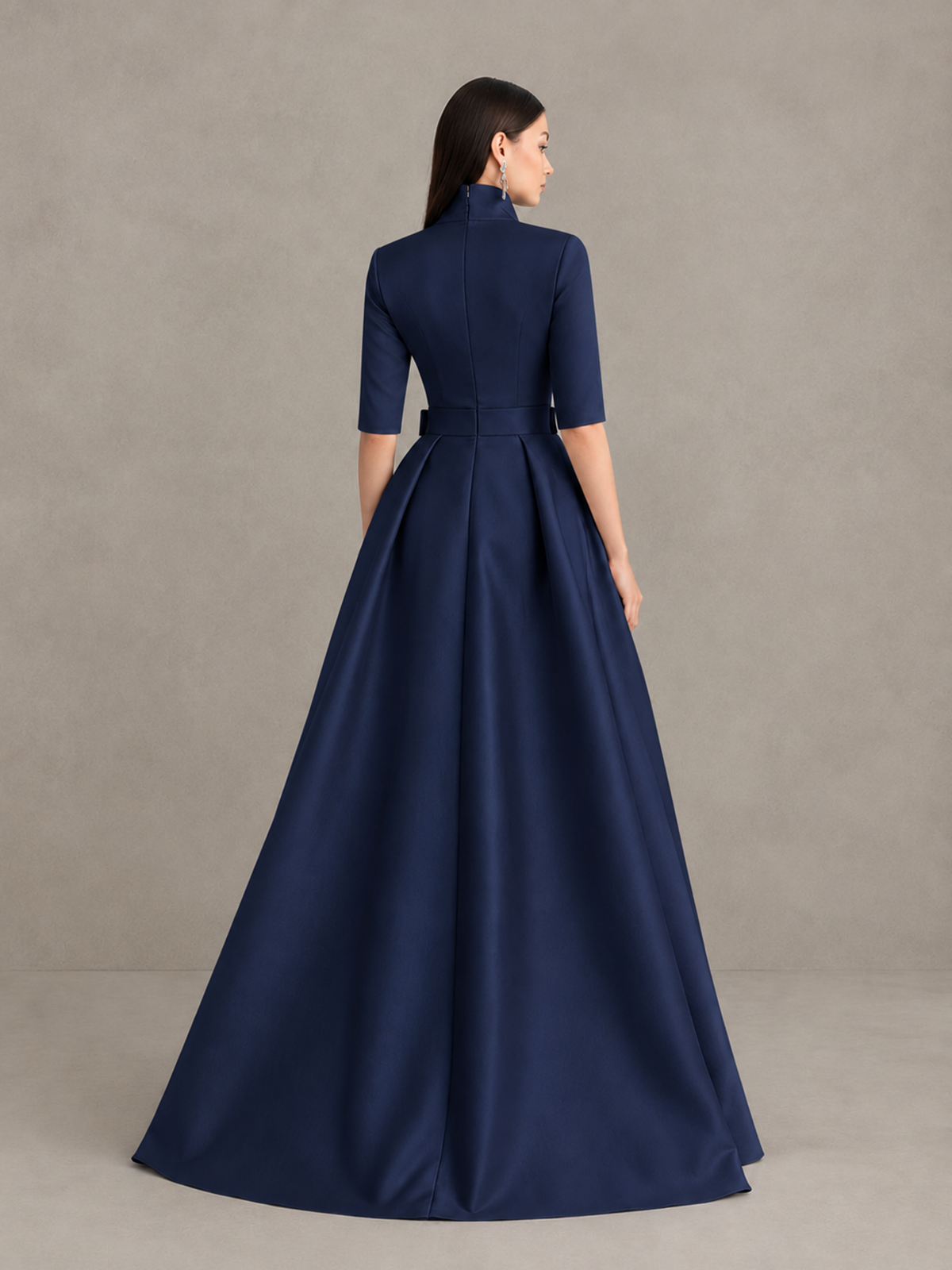 BOLODOO Navy Blue Stand Collar Bow Waist Floral Embroidered Evening Gown - Navy Blue - Navy Blue (2)