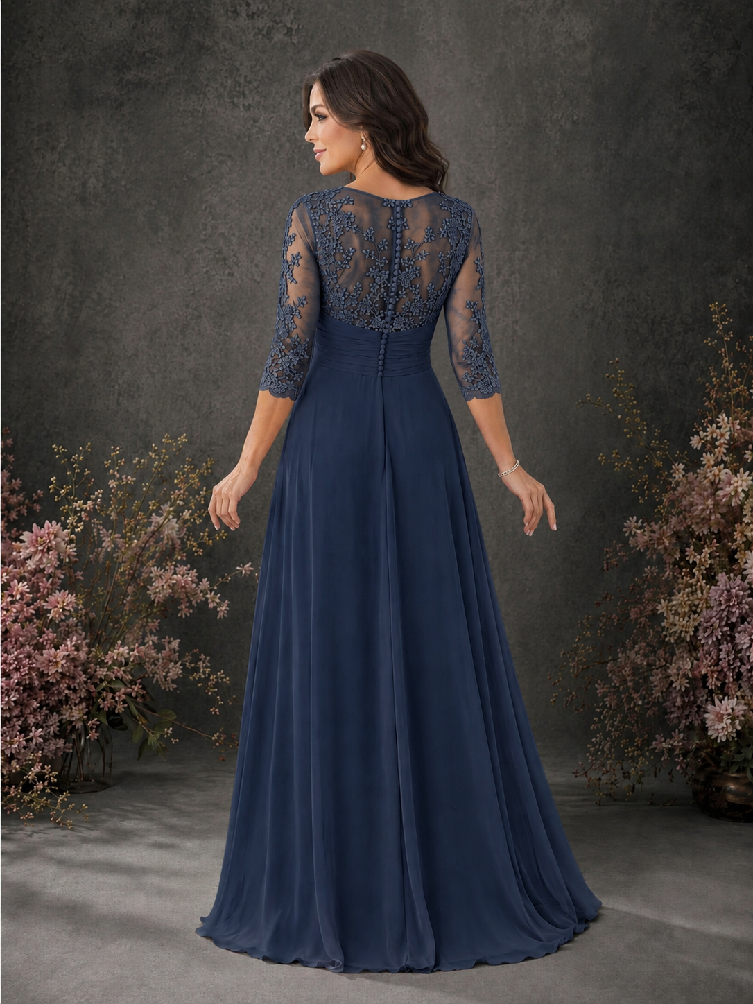 BOLODOO Navy Blue Chiffon Lace Illusion Neckline 3/4 Sleeve Floor Length Formal Gown - Navy Blue