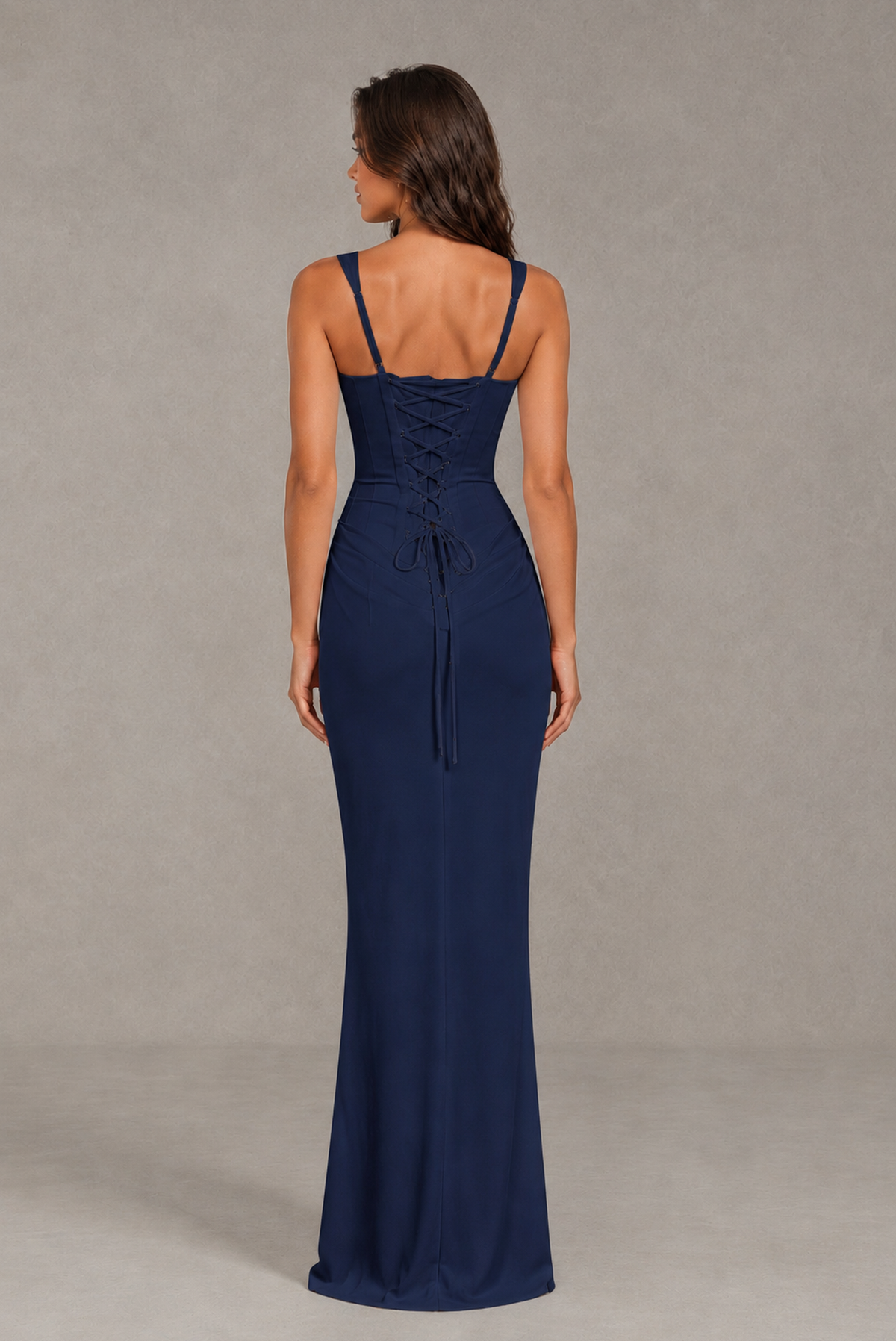 BOLODOO Navy Blue Square-Neck Lace-Up Back Bridesmaid Dress - Navy Blue