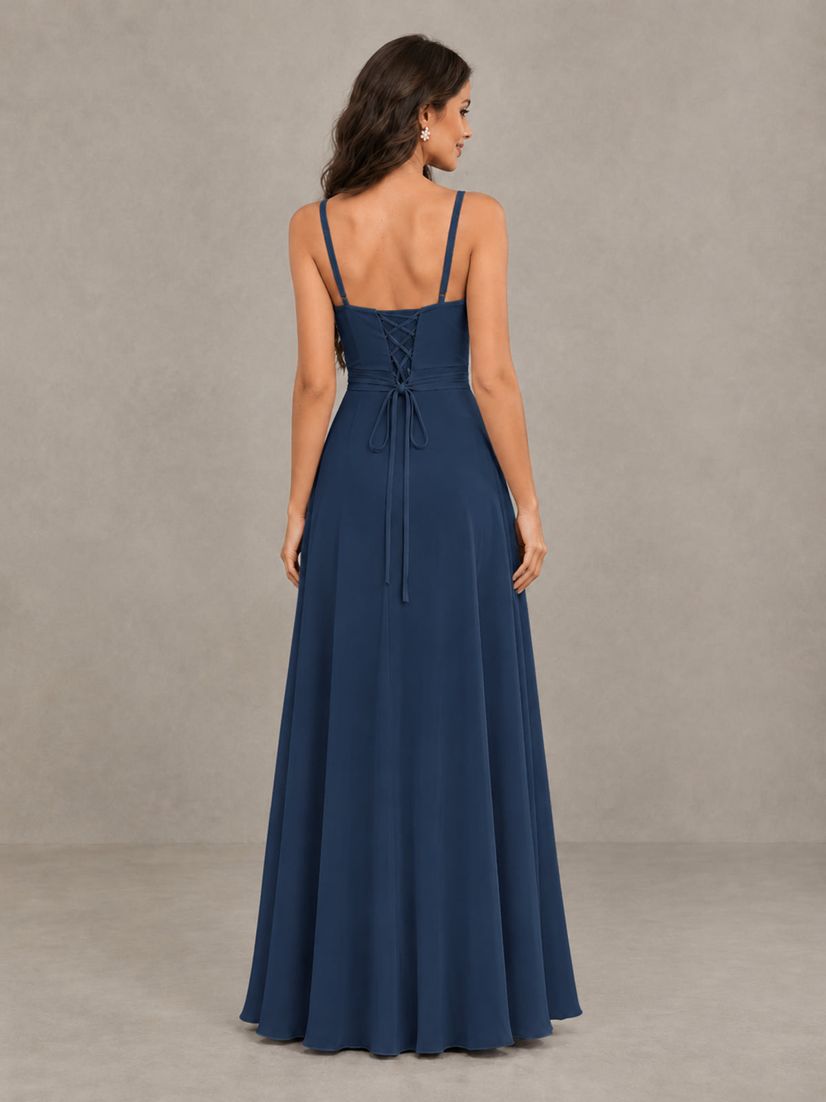 BOLODOO Navy Blue Spaghetti Strap Ruffle Bridesmaid Dress with Slit - Navy Blue - Navy Blue (2)