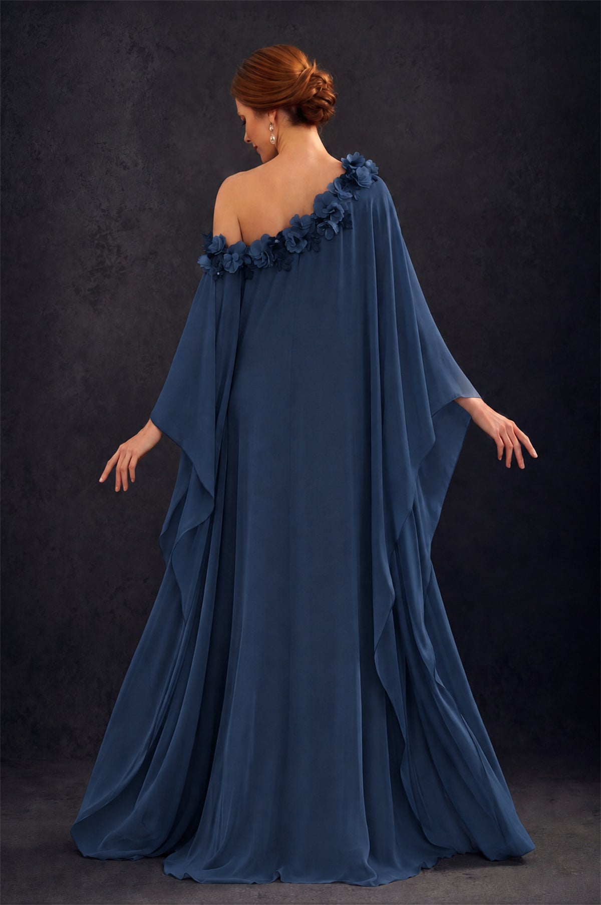 BOLODOO Navy Blue 2-Piece Set: Off-Shoulder 3D Floral Cape Gown & One-Shoulder Wide-Leg Jumpsuit | BD0373 - Navy Blue