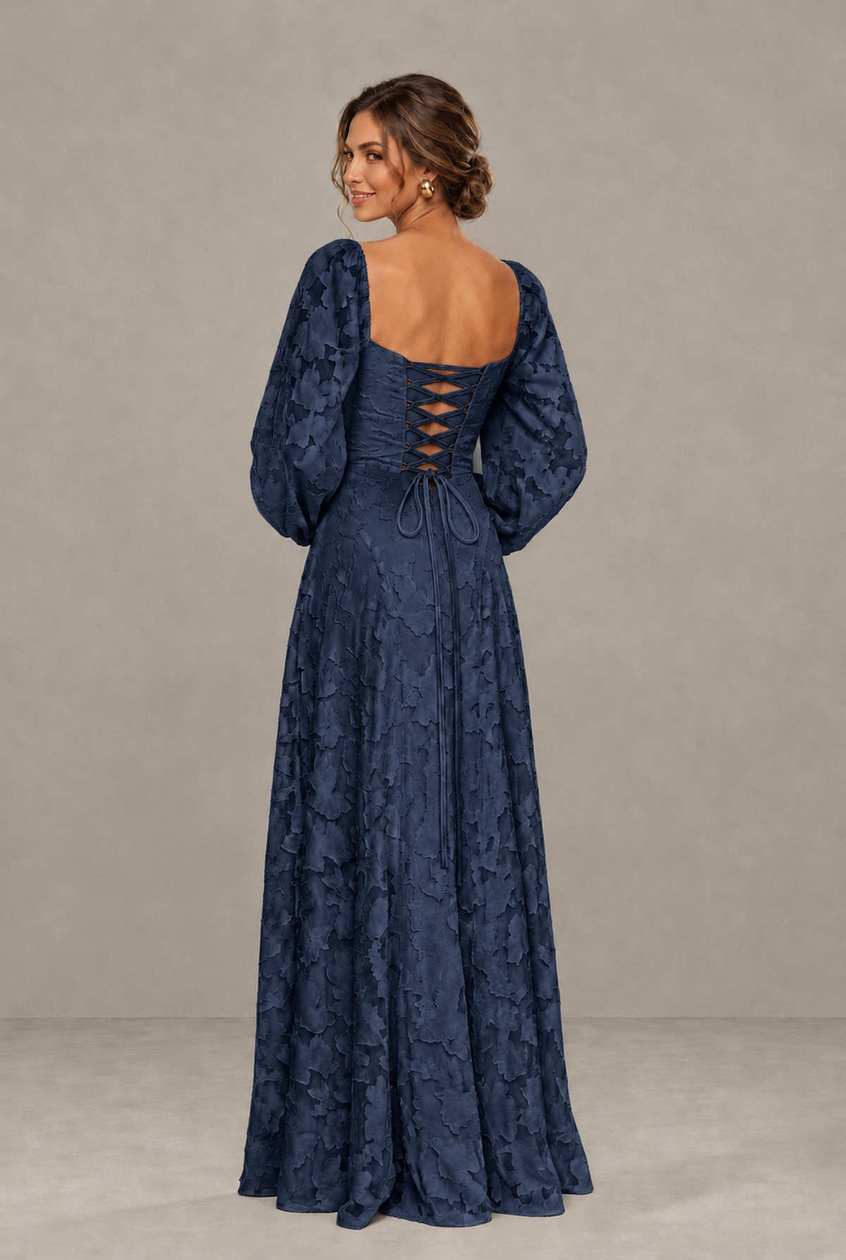 BOLODOO Floral Navy Blue Long Sleeve A-Line Dress with Lace-Up Back - Navy Blue