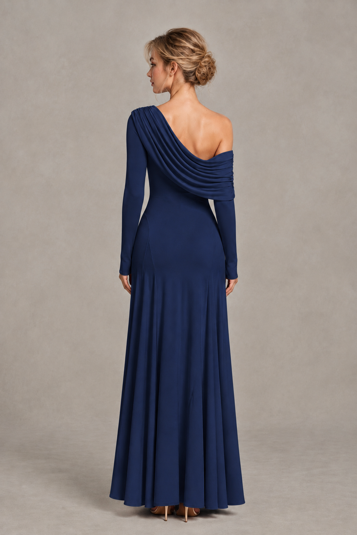 BOLODOO Navy Blue Asymmetric Draped Long Sleeve Evening Gown - Navy Blue