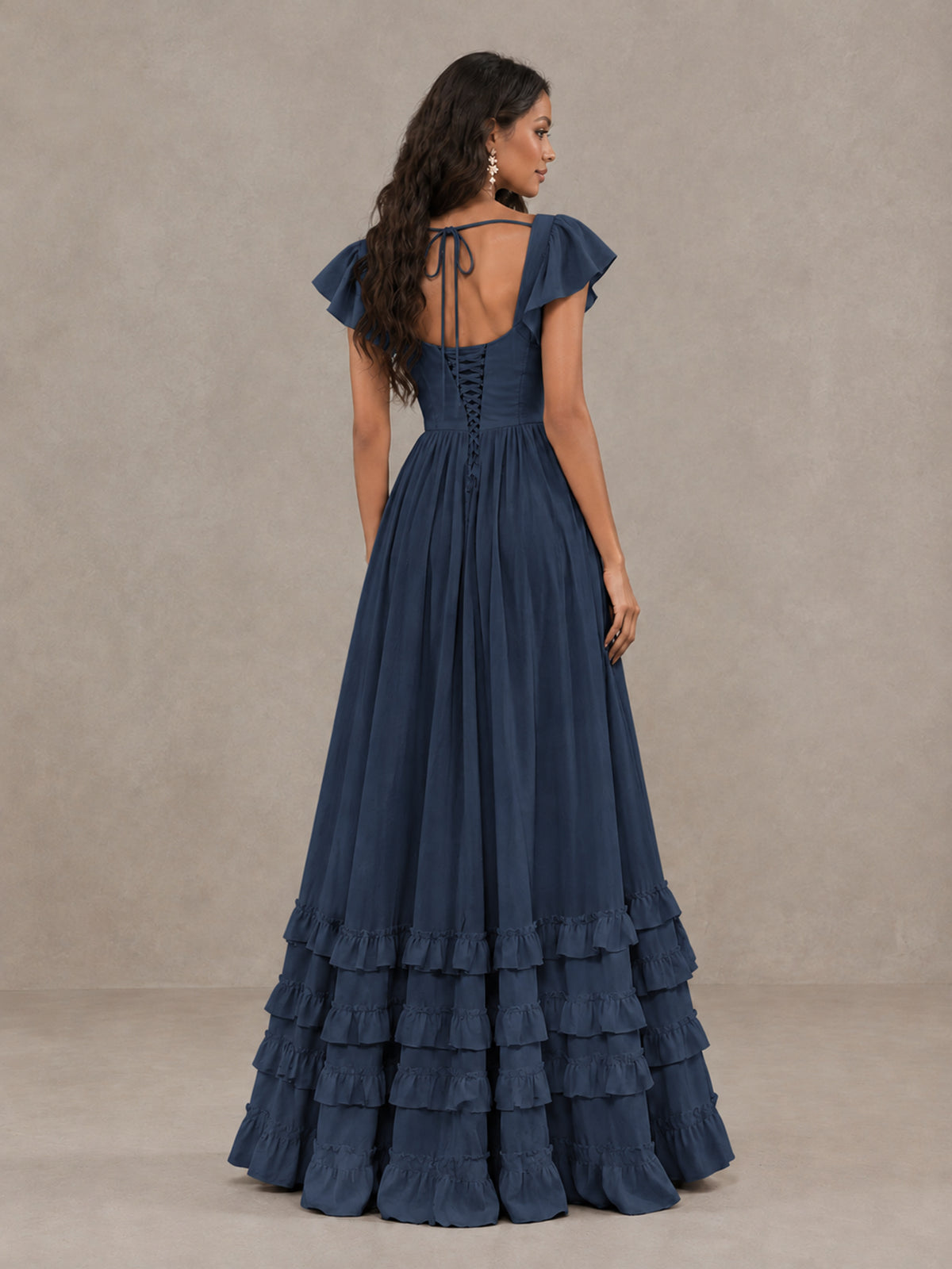 BOLODOO Navy Blue Flutter Sleeve Ruffle Bridesmaid Dress with Slit - Navy Blue - Navy Blue (2)