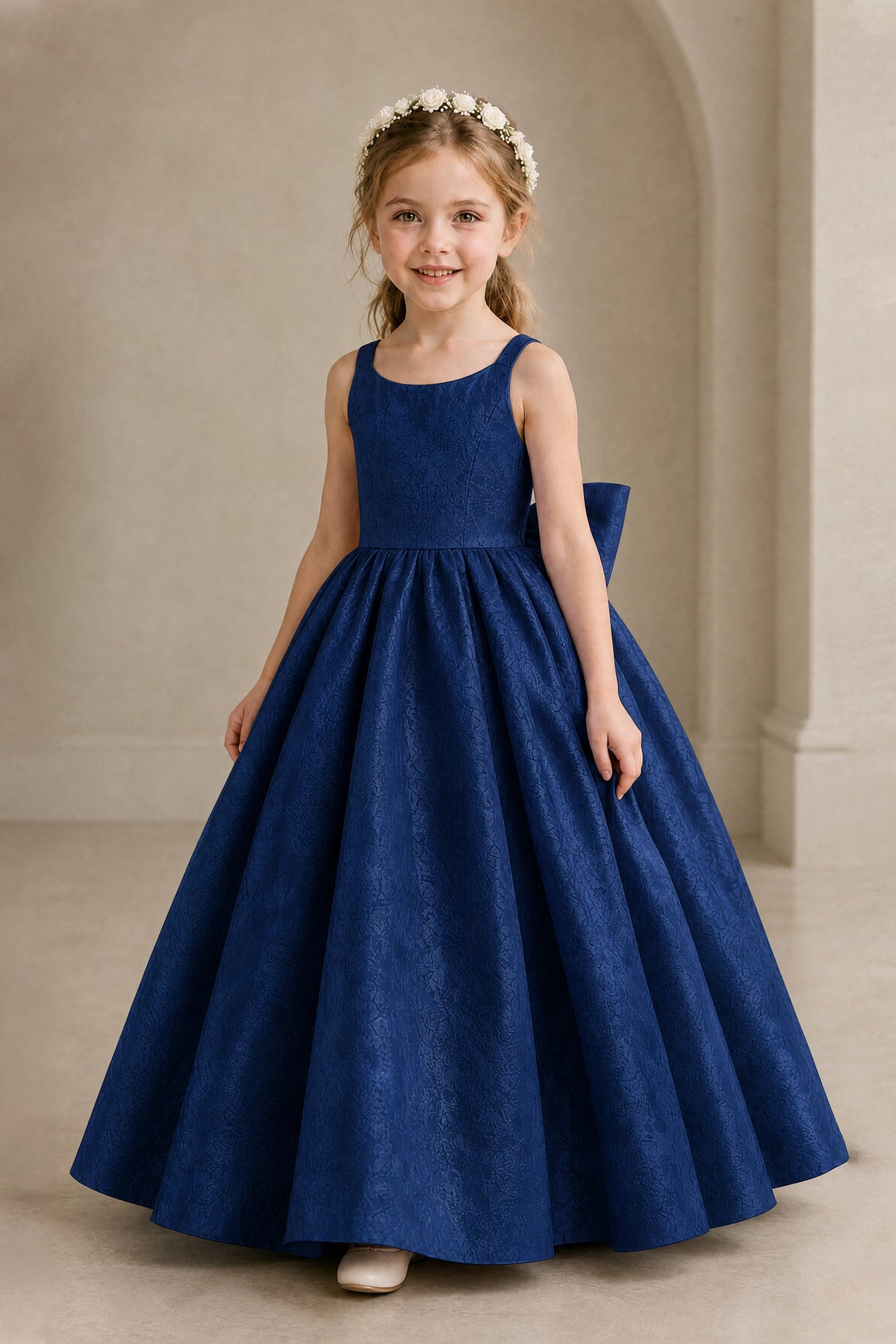 BOLODOO Navy Blue Girls' A-Line Flower Girl Dress with Back Bow - Navy Blue