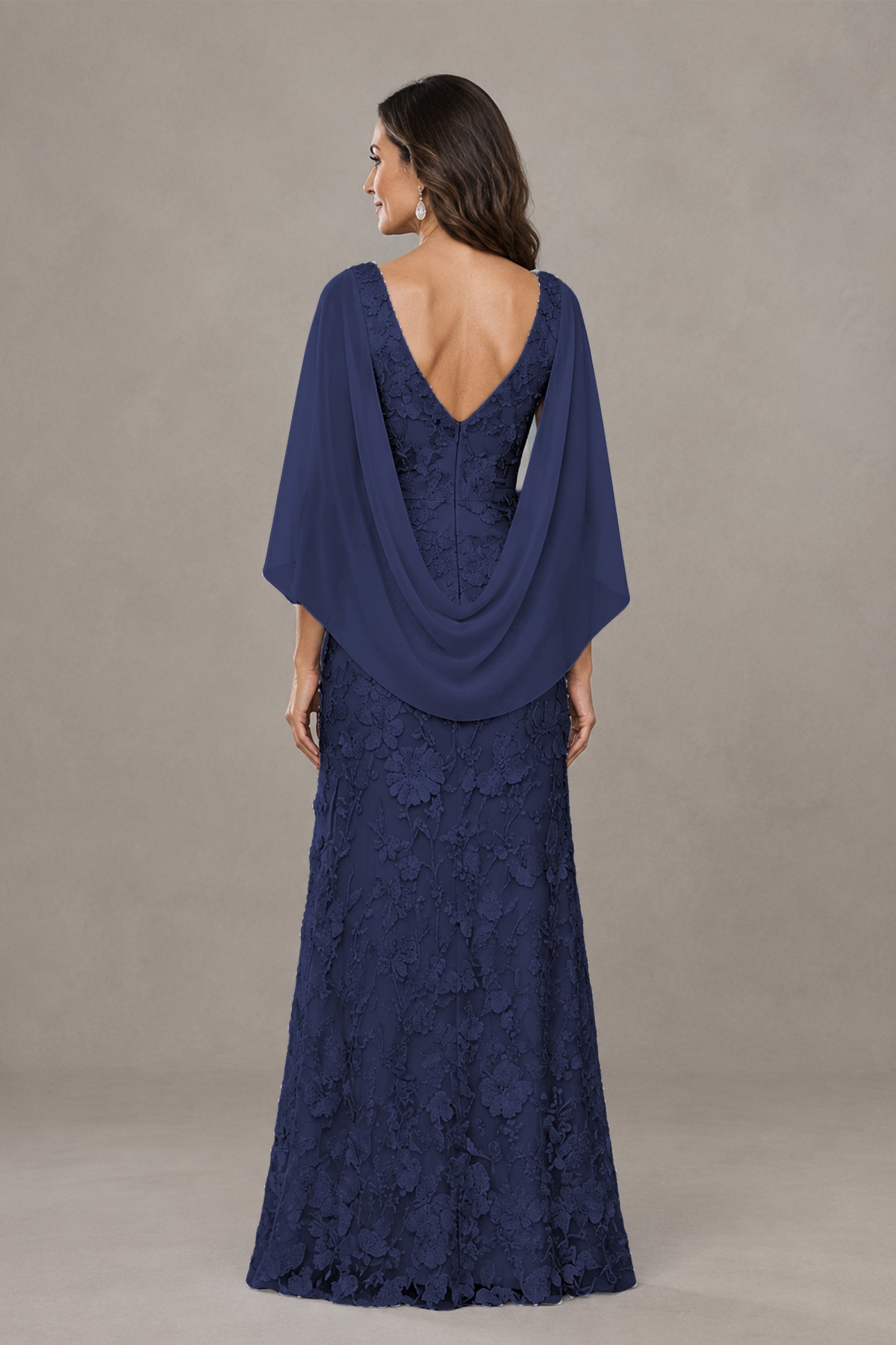 BOLODOO Navy Blue Lace Mother of the Bride Dress with Cape Sleeves - Navy Blue