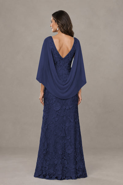 BOLODOO Navy Blue Lace Mother of the Bride Dress with Cape Sleeves - Navy Blue