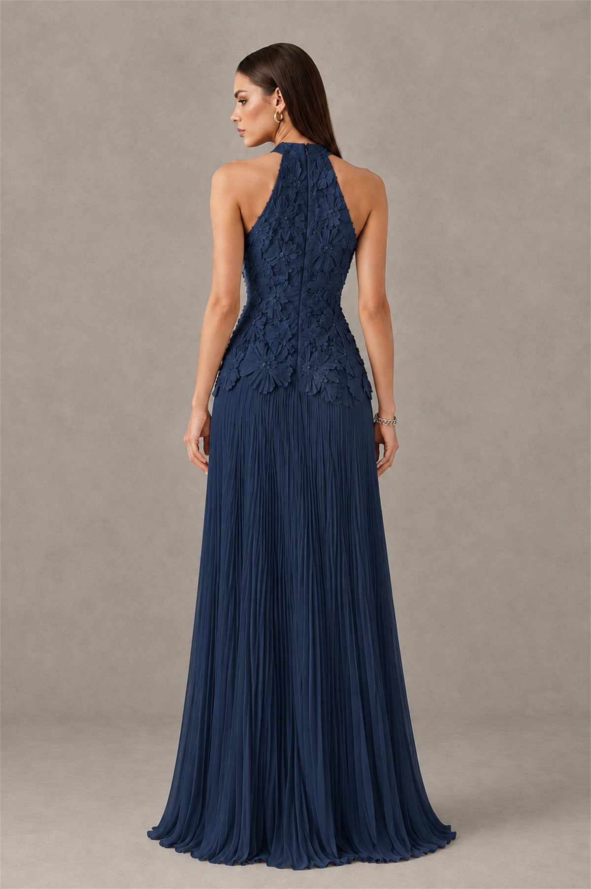 BOLODOO Navy Blue 3D Floral Applique Halter Neck Open Back Pleated Maxi Dress - Navy Blue