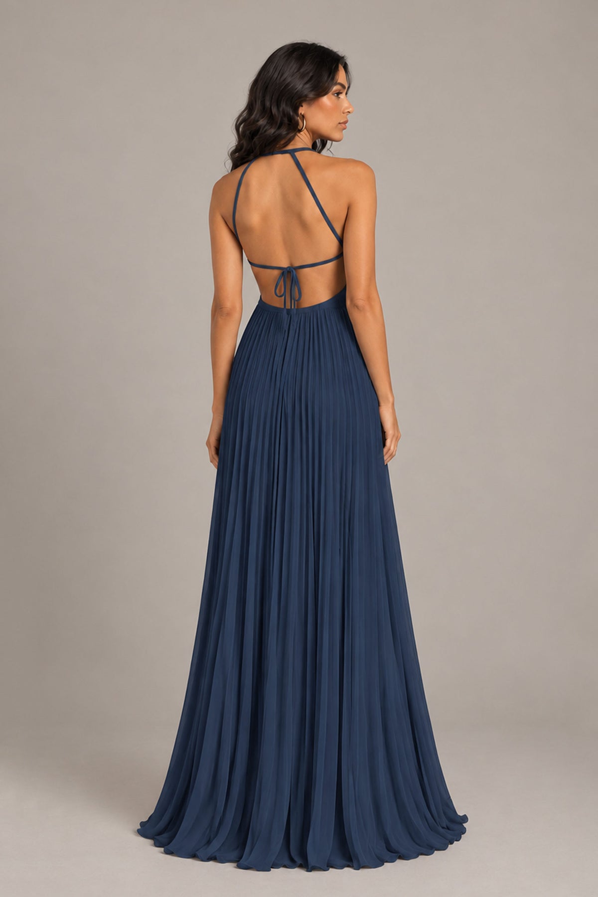 BOLODOO Navy Blue Halter Neck Pleated Chiffon Maxi Dress with Side Slit - Navy Blue