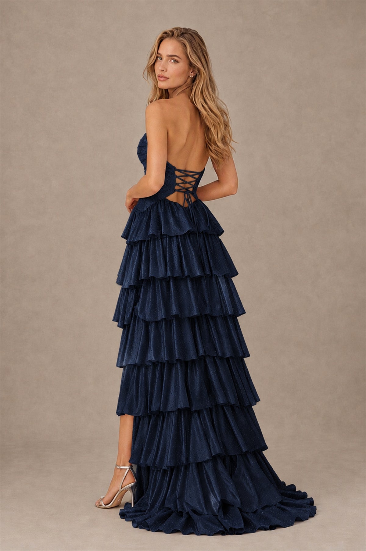 BOLODOO Navy Blue Strapless Cutout Tiered Ruffle Prom Dress with High Slit - Navy Blue - Navy Blue (2)