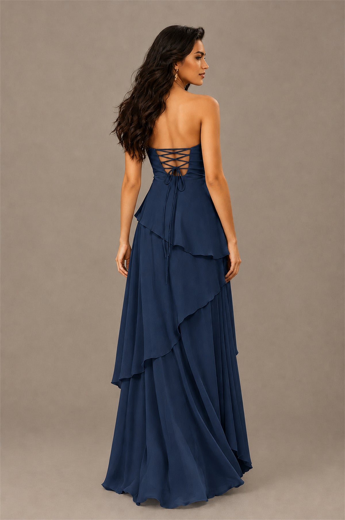 BOLODOO Navy Blue Strapless Sweetheart Knotted Chiffon Tiered Maxi Dress with Lace-Up Back - Navy Blue