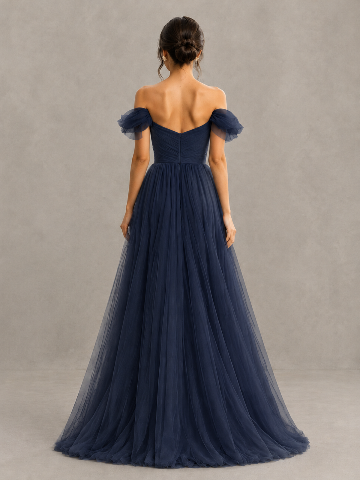 BOLODOO Navy Blue Off-the-Shoulder Ruffle Sleeve A-Line Bridesmaid Dress - Navy Blue - Navy Blue (2)