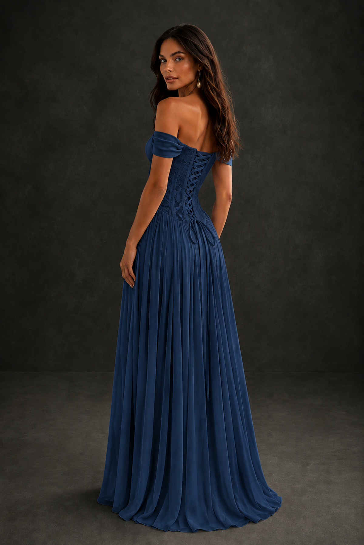BOLODOO Navy Blue Off-Shoulder Lace Corset Tulle Maxi Dress - Navy Blue