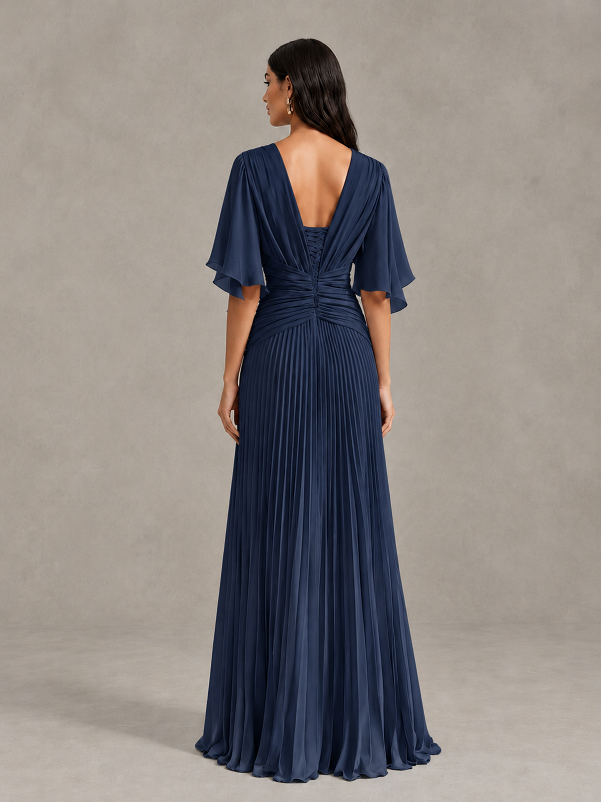 BOLODOO Navy Blue Pleated V-Neck Flutter Sleeve Bridesmaid Dress - Navy Blue - Navy Blue (2)