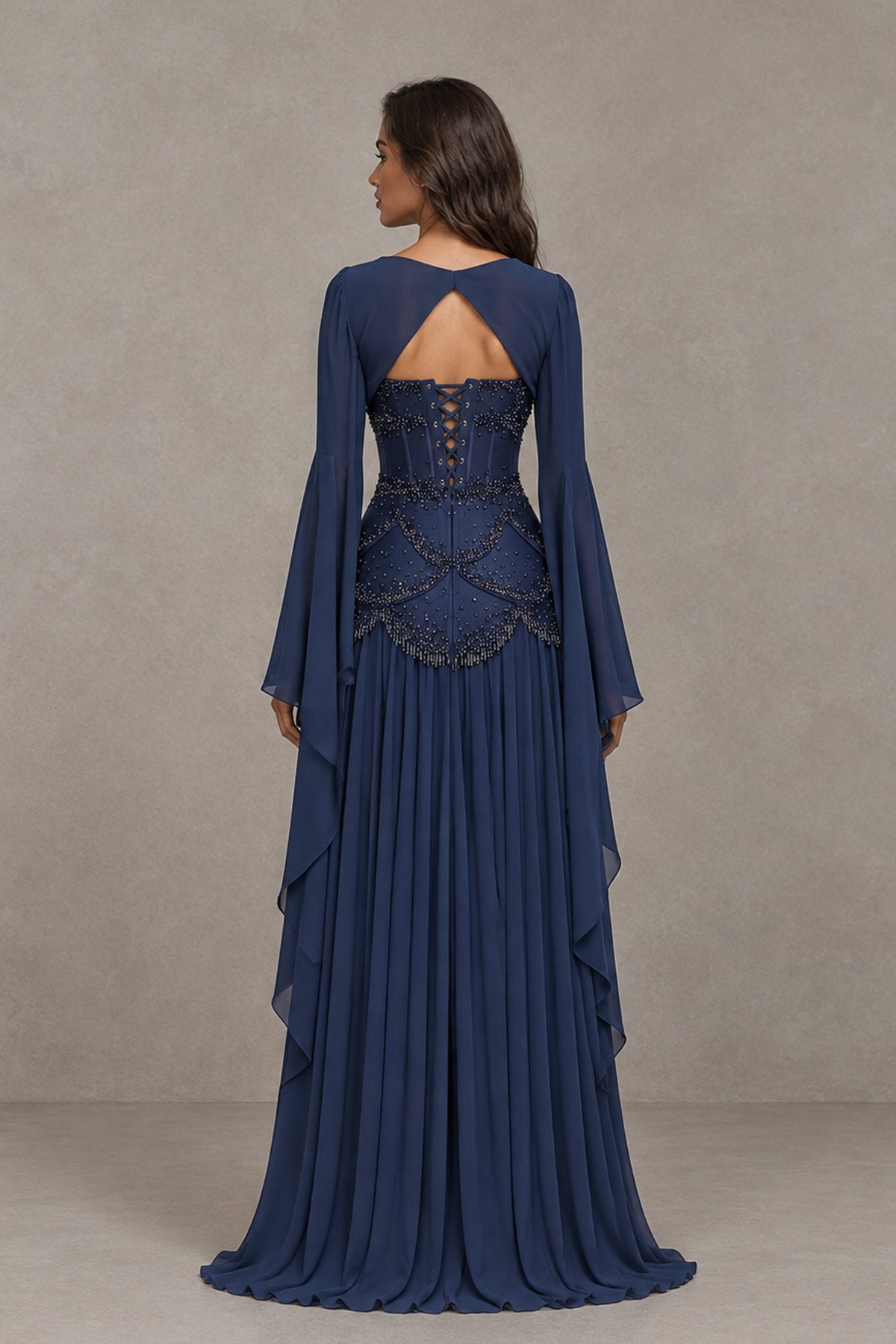 BOLODOO Navy Blue Embellished Corset Gown with Long Bell Sleeves - Navy Blue
