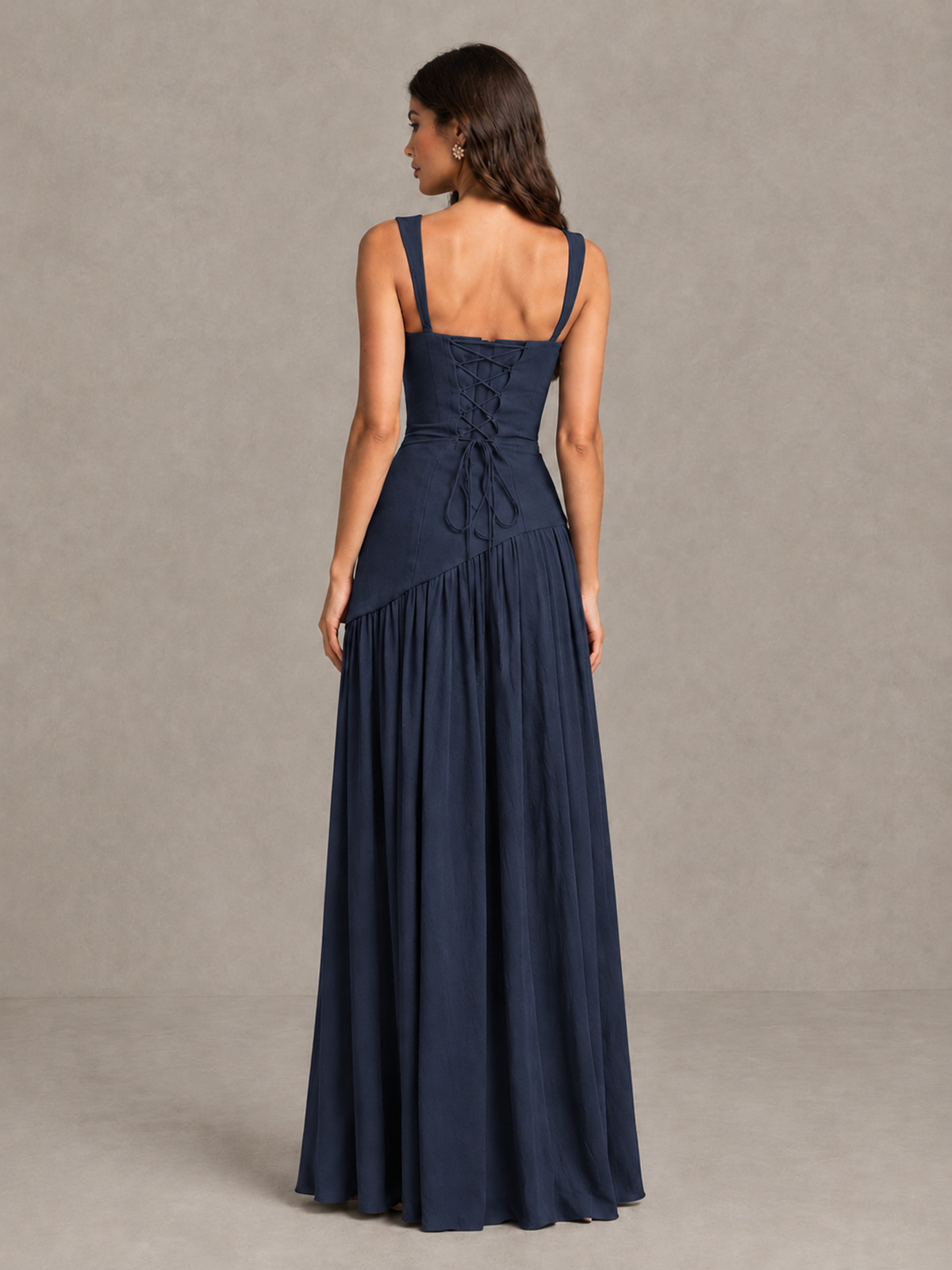 BOLODOO Navy Blue Brown Scarf Bridesmaid Dress with Lace-Up Back - Navy Blue - Navy Blue (2)