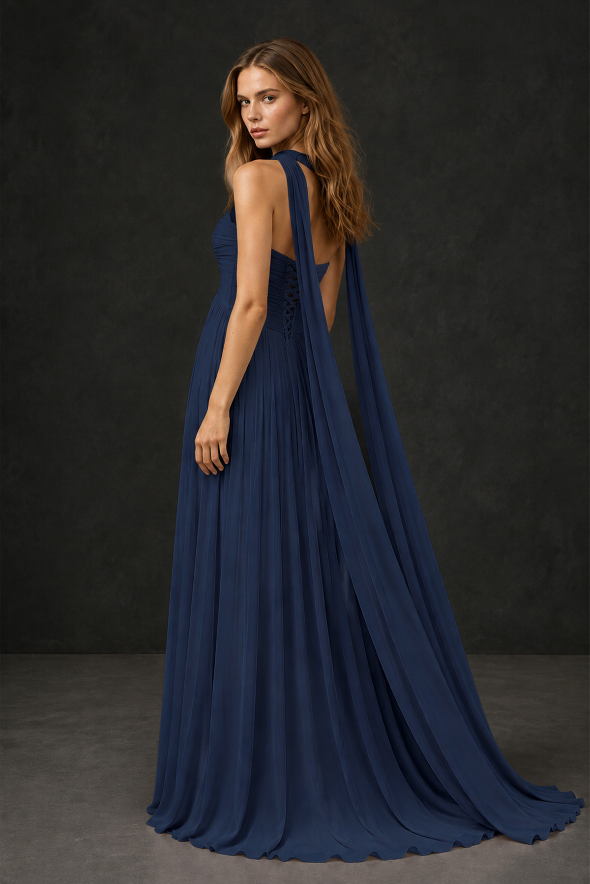 BOLODOO Navy Blue Sweetheart Strapless Twist Knot Detached Halter Scarf Lace-Up Back Empire Waist Chiffon Maxi Dress - Navy Blue