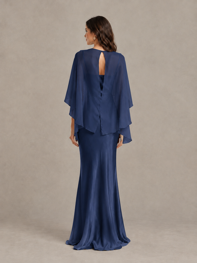 BOLODOO Navy Blue Satin Mermaid Bridesmaid Dress with Chiffon Cape - Navy Blue - Navy Blue (2)